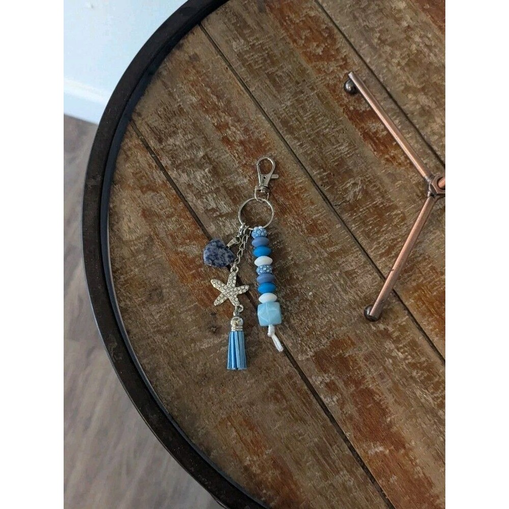 Handmade Bag Charm With Starfish & Heart - Light Blue